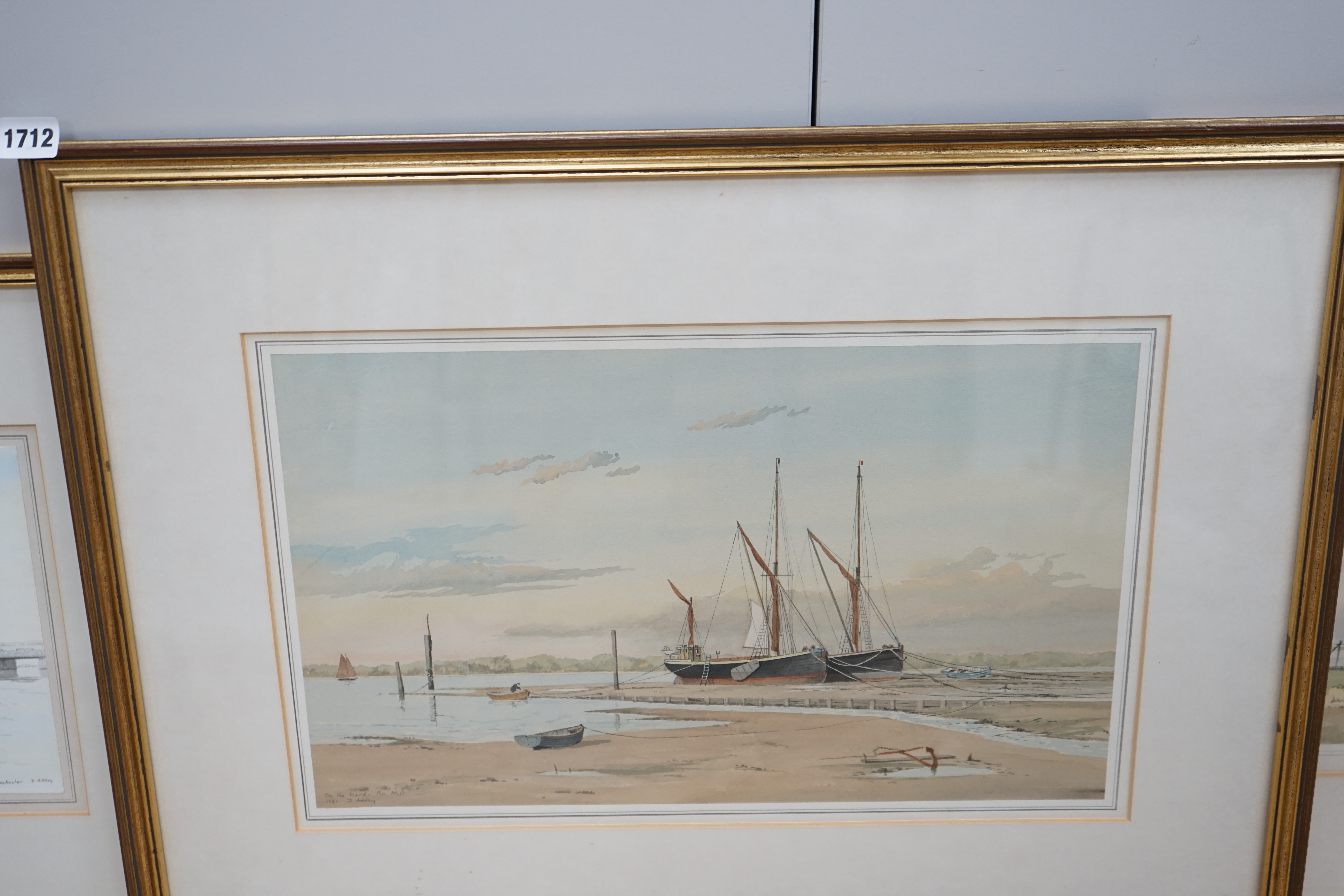 David Addey (b.1933), set of three watercolours, comprising 'Morning Mist, Rochester', 'Evening Calm' and 'On the Hard Pin Mill', each signed, labels verso, largest 27 x 45cm. Condition - fair